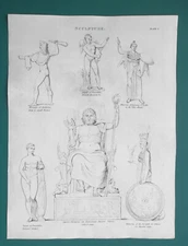SCULPTURE ART Gods Hercules Minerva Venus Jupiter - 1822 Antique Print A. Rees