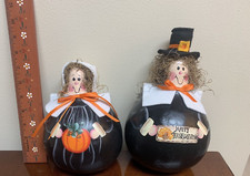 Hand Painted Dried Gourd Thanksgiving Pilgrim Figure Folk Art Harvest Decor