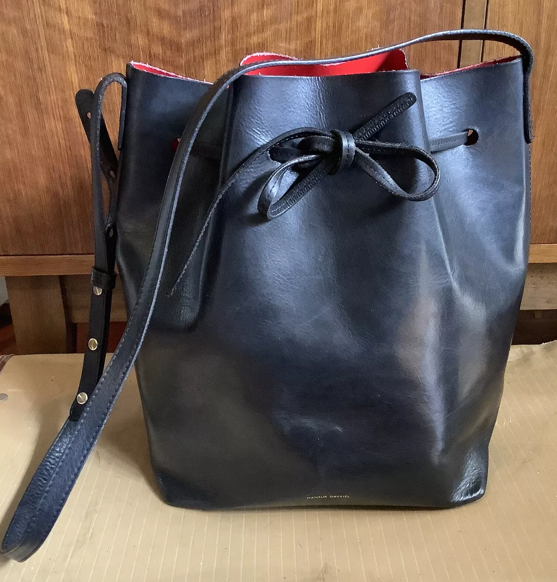 Mansur Gavriel Large Black Leather Bucket Bag Red Interior