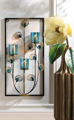 Peacock Feather Three Candle Wall Sconce