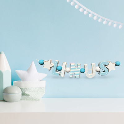''LINUS'' NAMENSKETTE KINDERZIMMER HOLZBUCHSTABEN BLAU TAUFE GEBURTSTAG BABY NAME