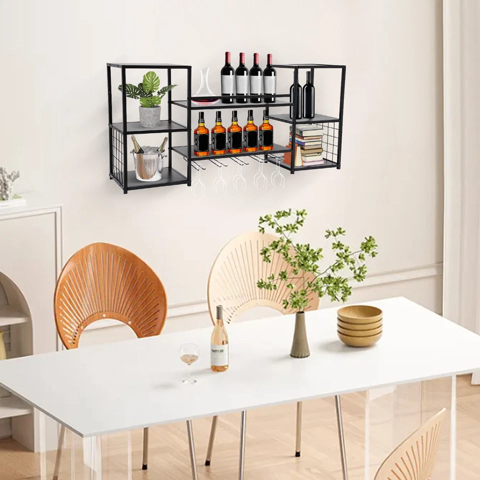 Estante de vino de montaje en pared soporte para copa de vino barra colgante botellas estante flotante Foto 4 de 4