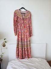 Boho Floral Maxi Dress Cottagecore Pink Flowy Long Sleeve, medium