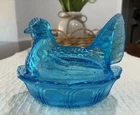 Rare Fenton Cerulean Blue Hen On Nest Basket w/ Split Tail Head Turning