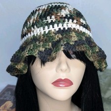 Handmade Crochet Bucket Hat Ruffle Brim Camouflage and White Acrylic Yarn   