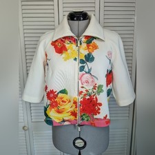 BLUGIRL BLUMARINE Floral White Multi Collared Ziped Jacket 3/4 Sleeve Size 4/6
