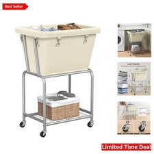 Durable Cream Laundry Cart on Wheels - Spacious 72L Capacity with Removable Bag