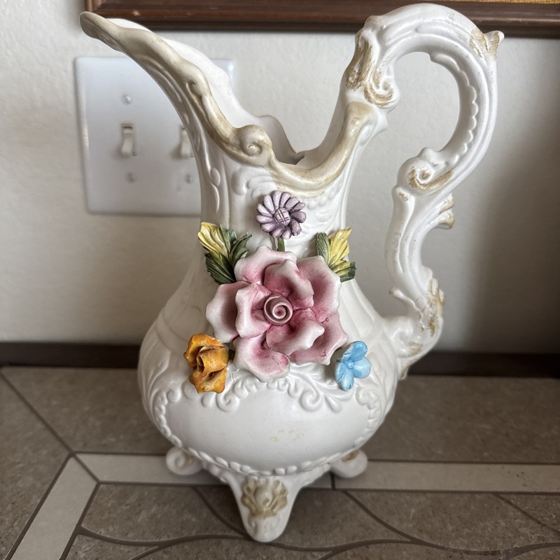 Capodimonte Large Pink Floral Design Water Pitcher Porcelain Fine Art Italy