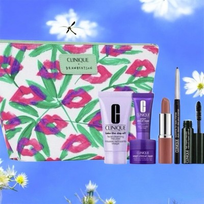 CLINIQUE KATE SPADE LIPSTICK GIFT SET BAG MASCARA WRINKLE SERUM CLEANSER LINER