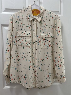 Equipment Femme Women's Silk Button-Down Sz M Cream Turquoise Tricolor