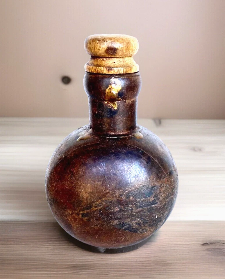 Antique Iron Water/Oil Bottle with Wooden Stopper, India 7+" Tall - Image 3 of 4