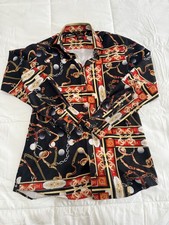 Men Designer Shirt Floral Italian Stripe Gold Stretch Slim Fit Button Up Large