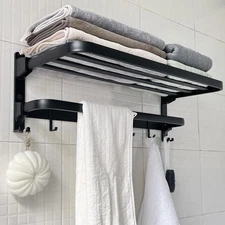 24in Black Towel Racks Shelf for Bathroom Foldable Wall Mounted Storage with