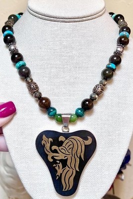 GORGEOUS Sterling Silver, Bronze Turquoise, Jade Reversible Aztec/Mayan Necklace