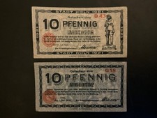 2 x 10 Germany Pfennig Notgeld banknotes. Cologne 1917, 1921