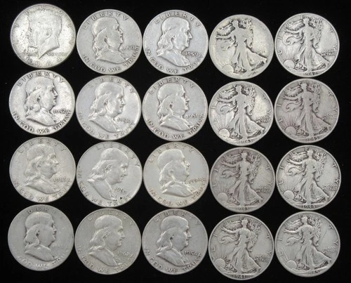 $10 FACE VALUE 90% SILVER ROLL HALF DOLLARS 20 COINS FRANKLIN WALKING LIBERTY NR