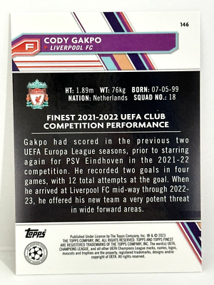 22-23 Topps Merlin CODY GAKPO 直筆サインカード 2022-23 Topps Finest UEFA Champion League Liverpool Cody