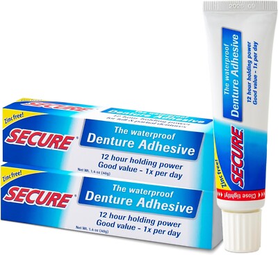 Secure Waterproof Denture Adhesive - Zinc Free - Extra Strong 12 Hour Hold - 1.4