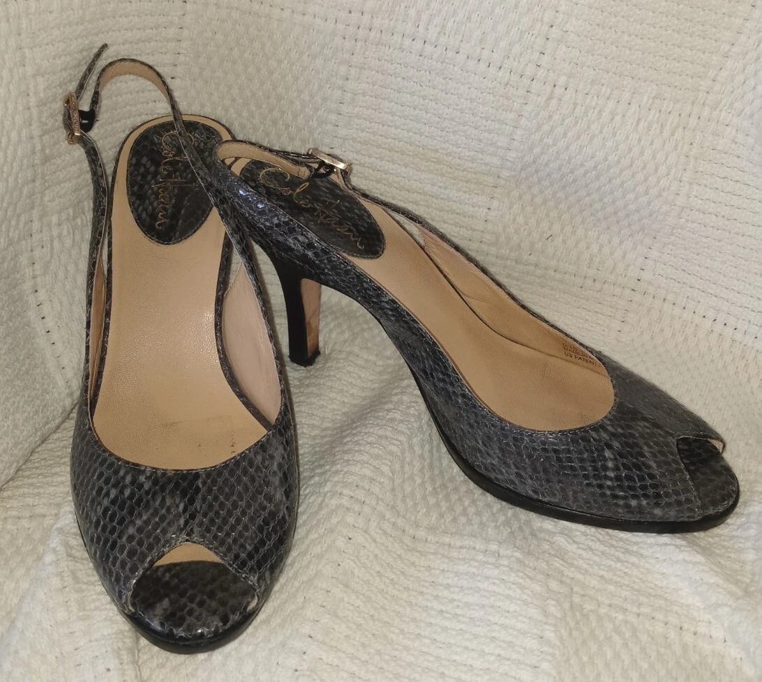 Cole Haan Shoes Size 8 B Gray Reptile Snakeskin Leather Slingback Peep Toe Heels