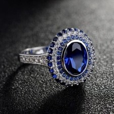 3ct Oval Lab Created Sapphire Halo Cocktail Women's Engagement Ring 925 Silver