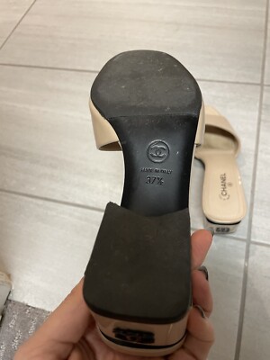 Authentic Chanel Patent Leather Tan Nude CC Logo Block Heel Mules