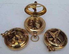 LOT OF 3 COLLECTIBLE VINTAGE MARITIME BRASS PUSH BUTTON SUNDIAL POCKET COMPASS
