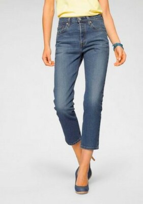 Levi's 501 Crop Jeans Damen Stretch Denim Straight Leg Hose Blue Used Mid Waist