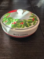 See’s Candies Christmas Candy Dish Holly Mistletoe