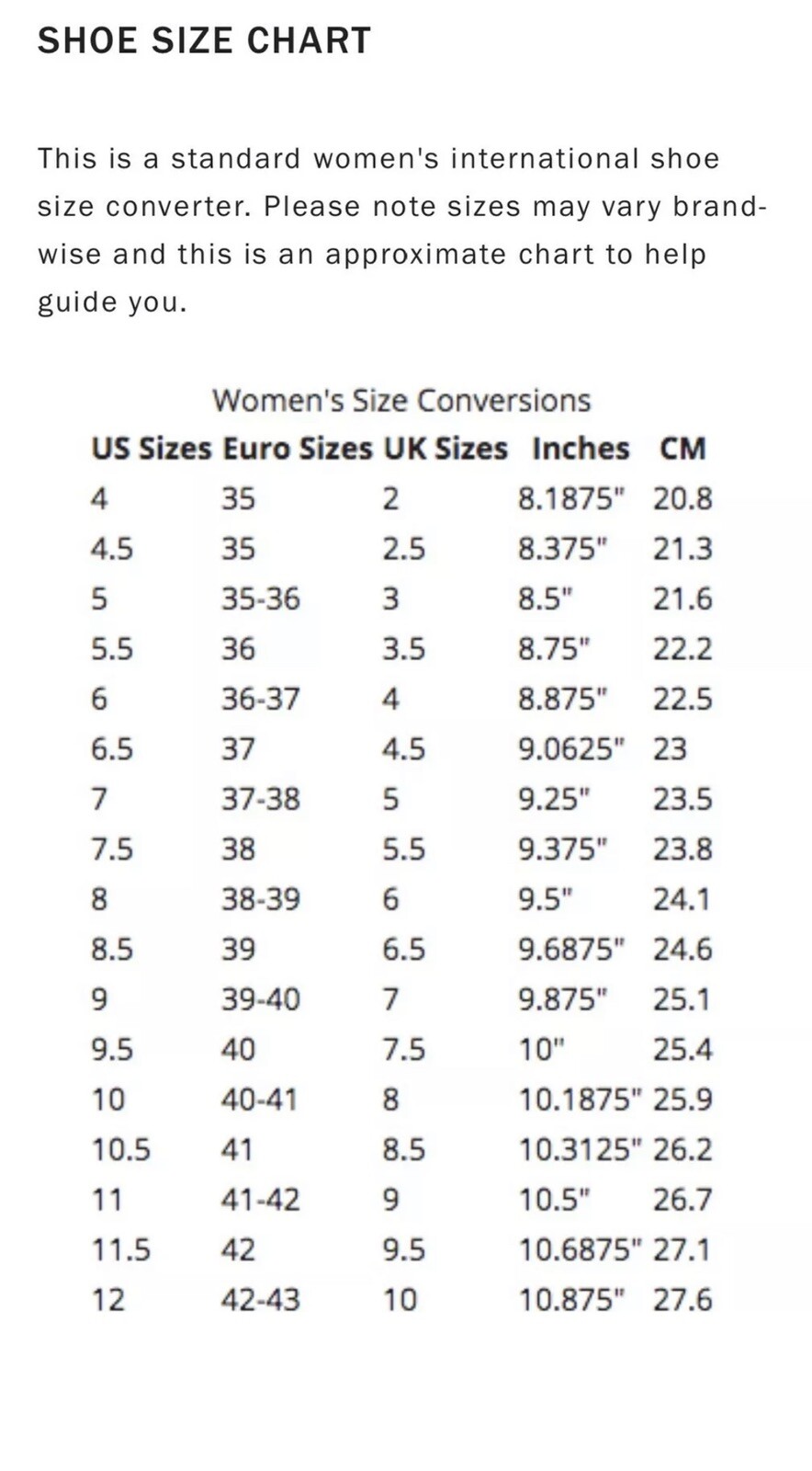 michael kors shoes size chart 