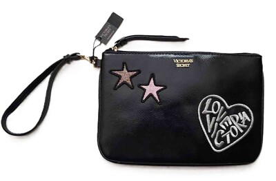 Victoria's Secret Zip Top Pouch Make-Up Bag Black Stars Love Heart NEW