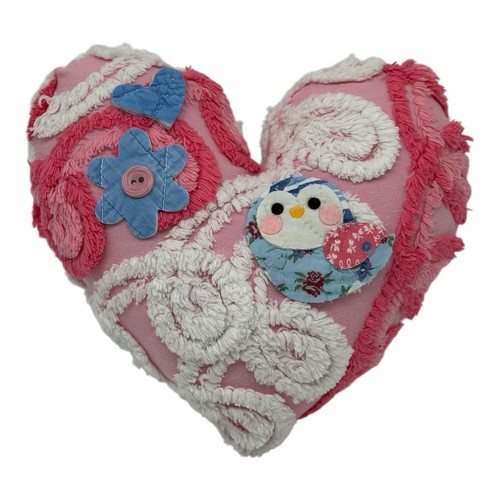 NEW Handmade Chenille Heart Pillow Vintage Chenille Bird Blue Flower Valentine