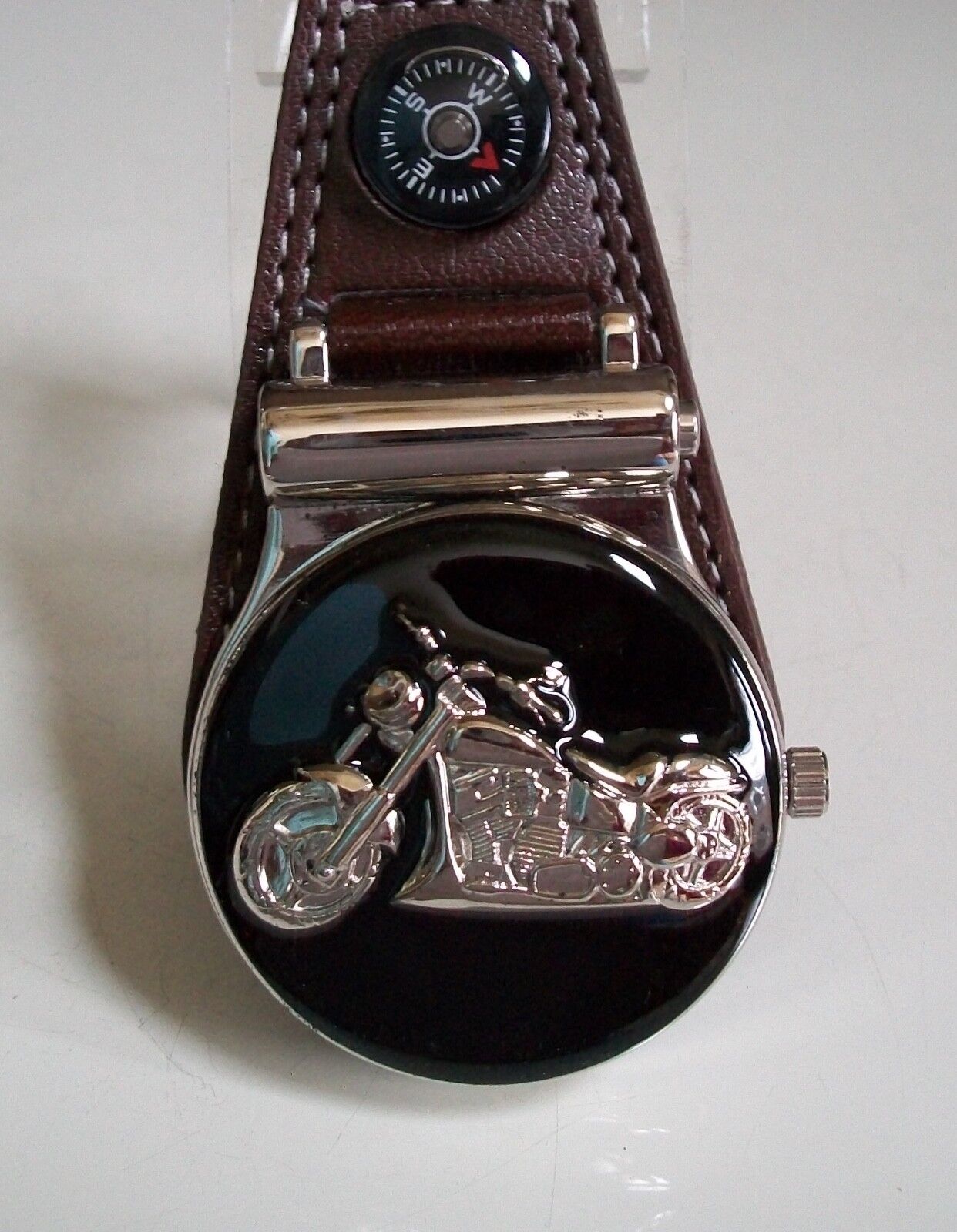 Men's Motorcycle Clip On Brown Leather Band/Silver Tone Fashion Pocket Watch
