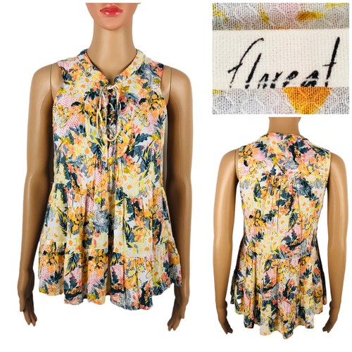 Anthropologie FLOREAT 0P Blouse Anafa Tiered Tank Top Lace Up Floral Flowers EUC