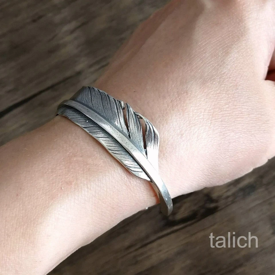 Brazalete de plumas de plata de ley 925 maciza ajustable detalles finos únicos Foto 3 de 4