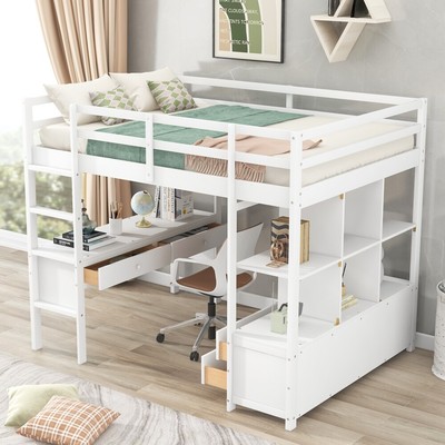 Full Size Loft Bed with Built-in Desk with 2 Drawers , Storage Shelves US