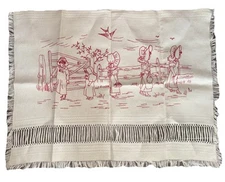 Antique/Vtg German Embroidered Turkey Redwork Kitchen Cloth Ladies On A Walk EUC