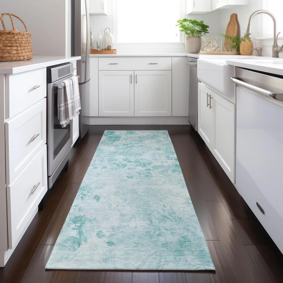 Transitional Aqua Floral Runner Rug 2'3" x 7'6" - Soft & Stain Resistant - Image 4 of 4
