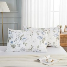 Queen Size Pillowcases Set of 2, 100 Cotton Pillow Cases, Green and Blue Floral