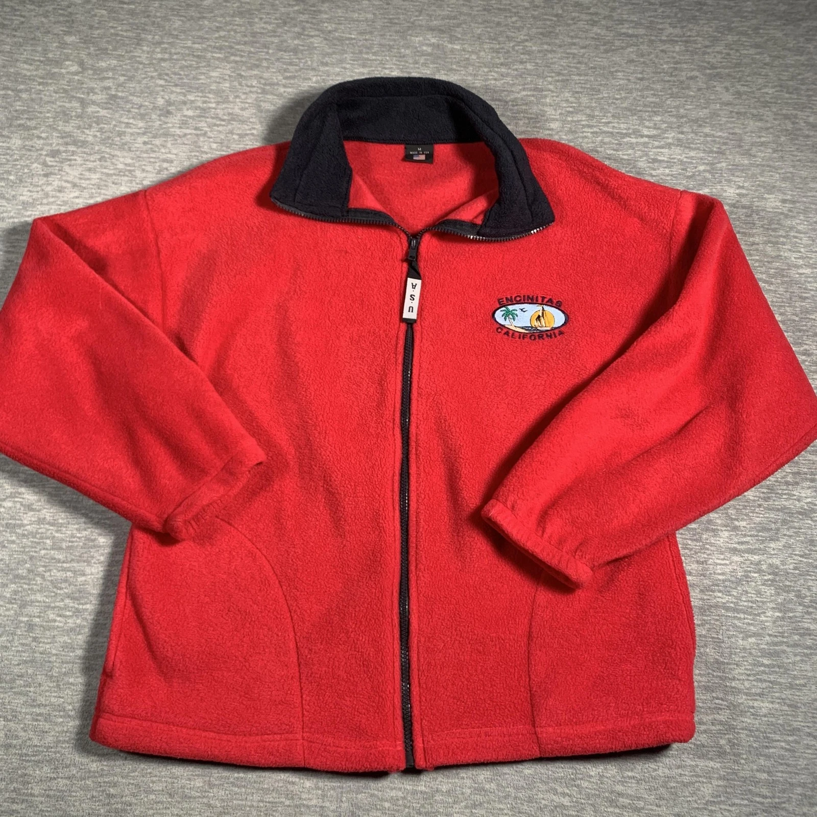 Encinitas California Jacket Mens Medium Red Fleece Full Zip Made USA Polyester
