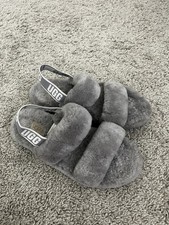 UGG Oh Yeah Slide Slippers Gray Shearling Fur Logo Strap Womens Size 8 EU39