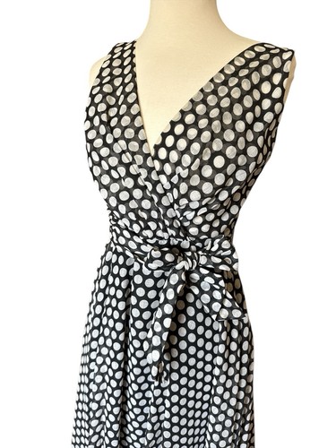 Vintage Lilli Diamond Maxi Dress Black White Polka Dot Classic Belted 26” Sz 6 - Picture 3 of 7