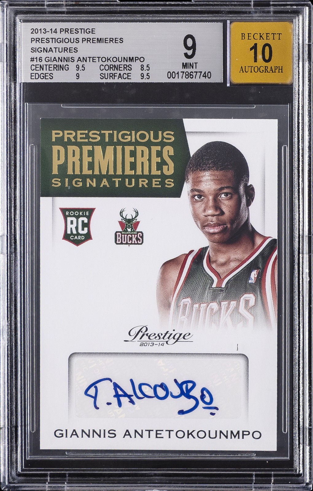 2013-14 PRESTIGE PRESTIGIOUS PREMIERES SIGNATURES GIANNIS ANTETOKOUNMPO BGS 9