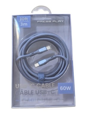 Press Play 10ft USB-C to USB-C Cable 60W Fast Charging Braided Cord Blue