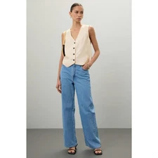 LOVE, WHIT Beige Sleeveless Linen Blend Front Button Closure Vest Size 2