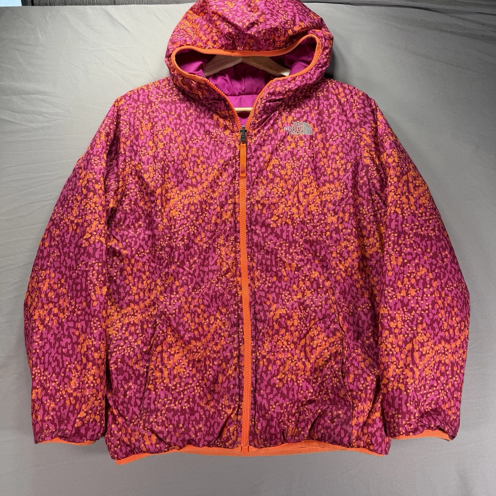The North Face Puffer Jacket Youth Girls Large Pink Orange Reversible Hooded