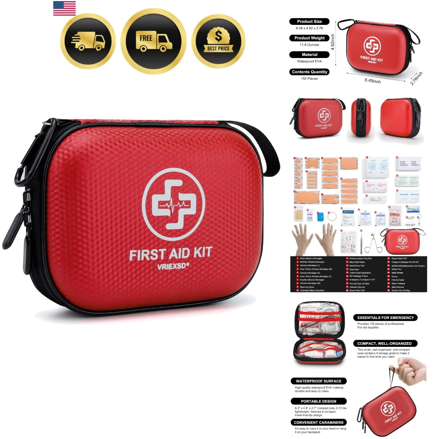 Mini First Aid Kit - 150 Piece Small Waterproof Hard Shell Medical Kit for Ho...