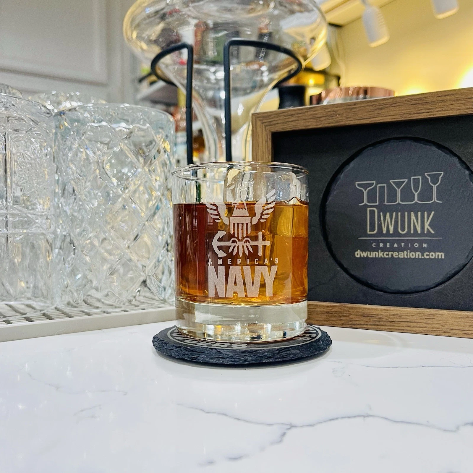 Engraved US Navy Rocks Glass