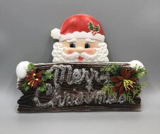 Vintage Santa Claus Blow Mold Merry Christmas Hanging Plastic Plaque Sign
