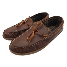 LL Bean Men's 11 M Leather Moccasin Slippers Brown Plaid Lined Hard Sole Shoes