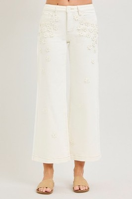 3D Flower & Pearl Embellished Wide Leg Cropped Jeans - Risen